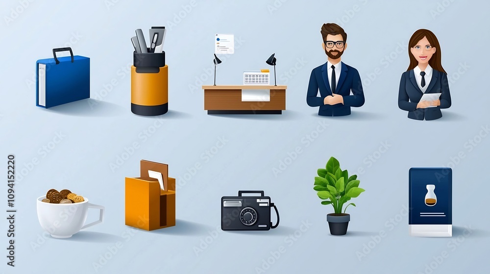 Poster minimalist icon set featuring various elements commonly found at a reception desk including staff as