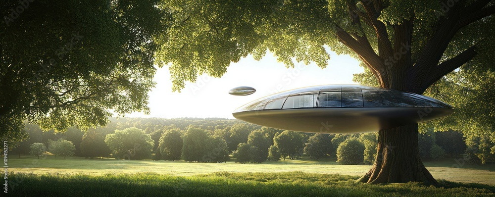 Poster a futuristic flying saucer hovering near a large tree in a serene park setting.
