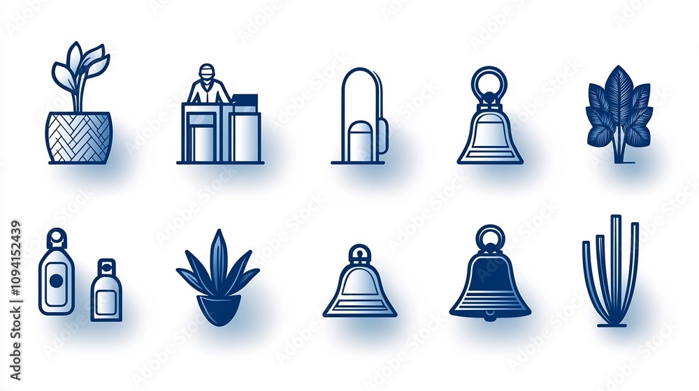 Poster collection of 15 simple linear icons representing various hotel reception client interaction and ass