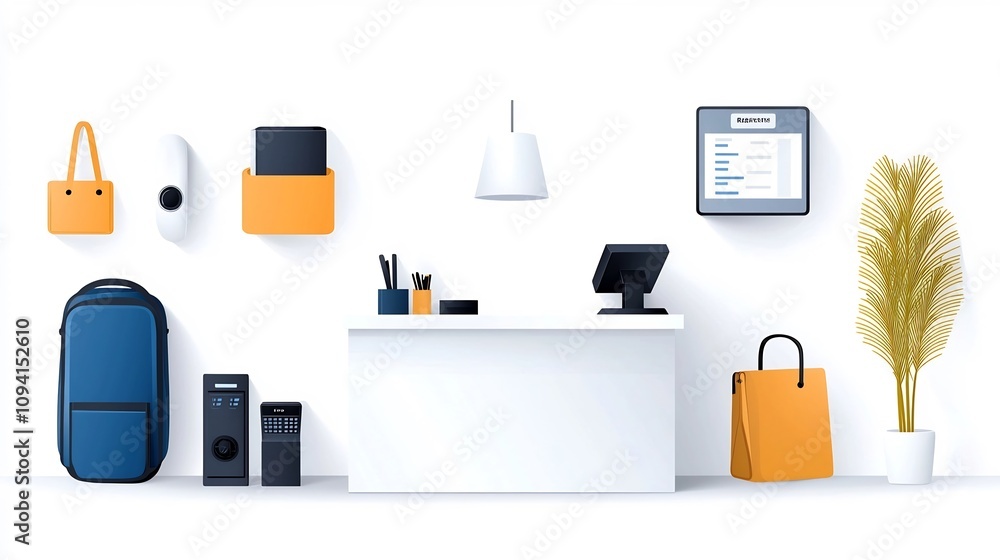 Poster collection of 15 minimalist outline icons showcasing various reception desk elements and services su