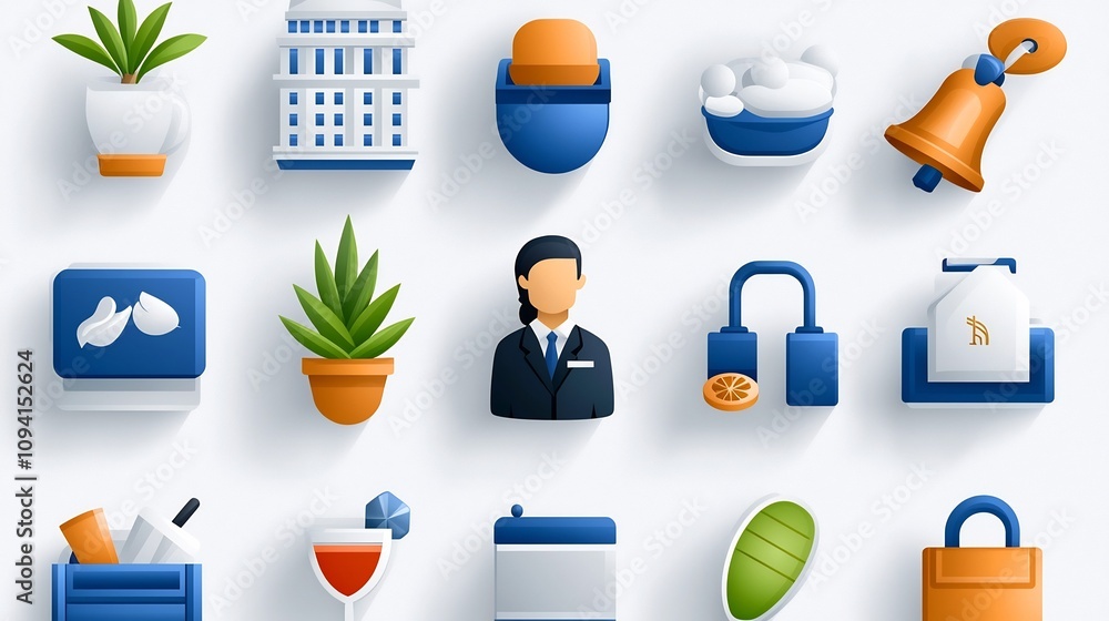 Poster A set of 15 clean linear icons depicting various reception desk services and hospitality amenities such as a receptionist hotel bell customer assistance and more  These simple
