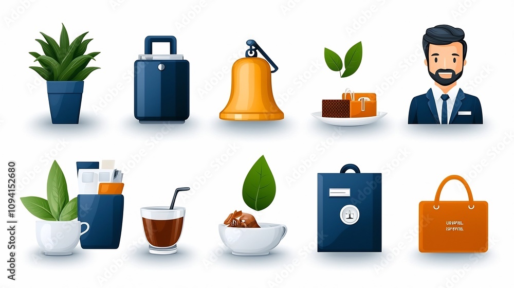 Poster set of 15 linear icons featuring reception desk services including receptionist hotel bell and custo