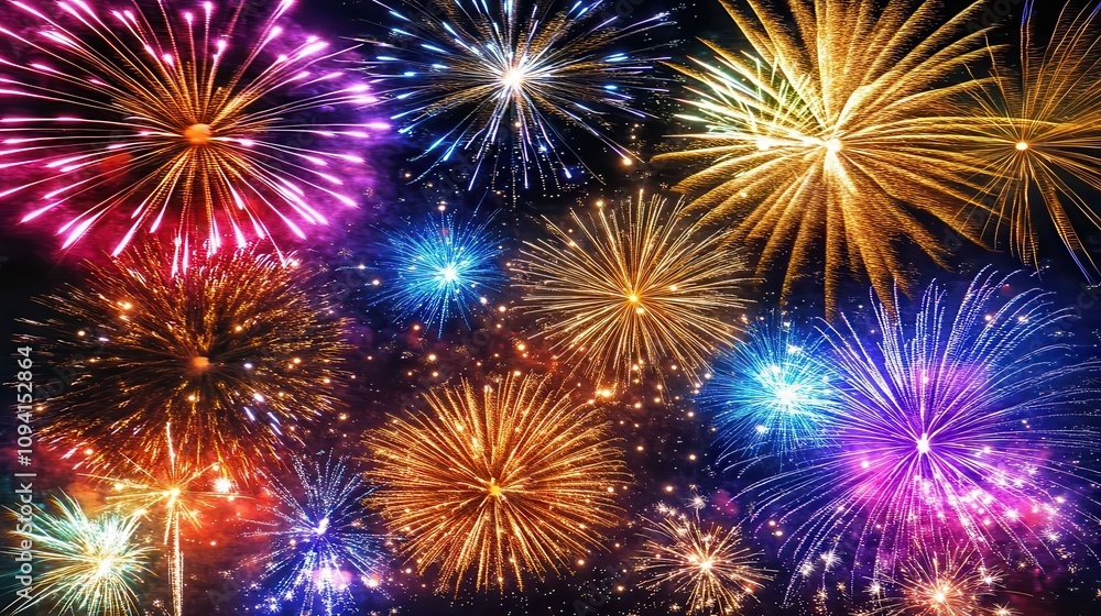 Poster vibrant fireworks display illuminating the night sky in various colors and patterns.
