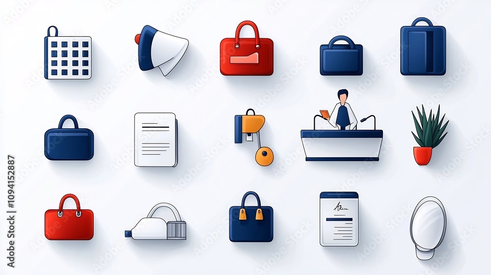 Poster A Minimalist Set of 15 Hotel Reception Desk Icons Highlighting Key Services and Assistance for Guests Such as Desk Staff Support and Guest Services in a Linear Style