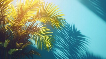 Fototapeta premium Tropical Palm Fronds Against Bright Blue Sky with Sunlight Shadows