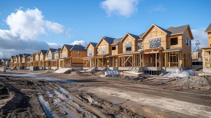 New housing development under construction with homes at various completion stages