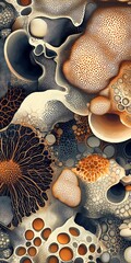 Pollen grain microscopic seamless pattern, detailed surface texture, various plant species, electron microscopy style, natural earth tones