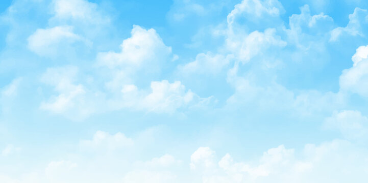 Sky blue Aquarelle paint paper textured canvas element. Summer Blue Sky and white cloud white background. Horizontal of white puffy clouds and blue sky in sunny day background