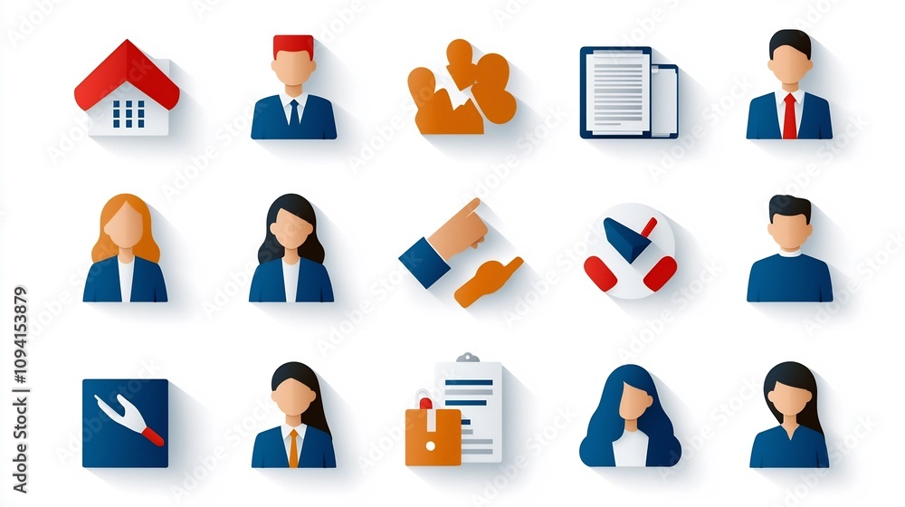 Aufkleber Collection of linear icons highlighting themes of audience members and in a modern business setting  Depicting teamwork partnership group unity and corporate networking