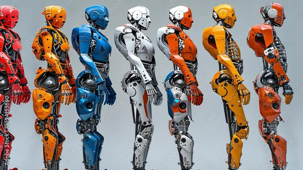 Poster humanoid robots in vibrant colors are arranged side by side, highlighting their unique designs and c