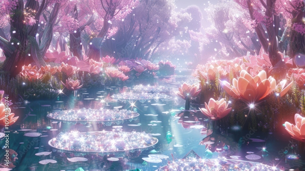 Poster a path lined with glittering crystal bushes leading to a pond filled with floating lily pads made of