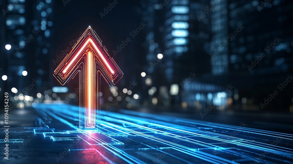Poster stylized beam formed arrow in vibrant radiant hues pointing upward on a dark minimal background repr