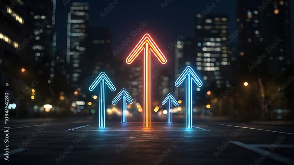 Poster Conceptual image of a beam formed arrow pointing upward in a radiant array of colors against a dark background symbolizing speed progress and forward movement