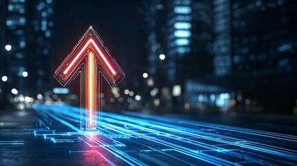 Stylized beam formed arrow in vibrant radiant hues pointing upward on a dark minimal background   representing the concept of speed progress and forward momentum