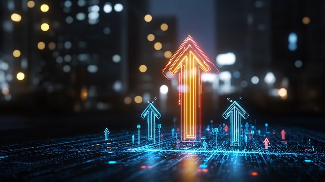 Beam Formed Upward Pointing Arrow in Radiant Luminous Hues on a Dark Background Symbolizing the Concept of Speed Technology and Progressive Innovation