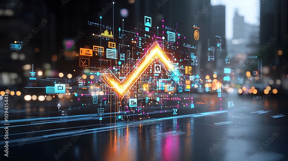 Poster Vibrant upward arrow bursting with bright hues and glowing streaks creating an energetic and dynamic effect on a sleek black backdrop  The image conveys a sense of motion progress and uplift