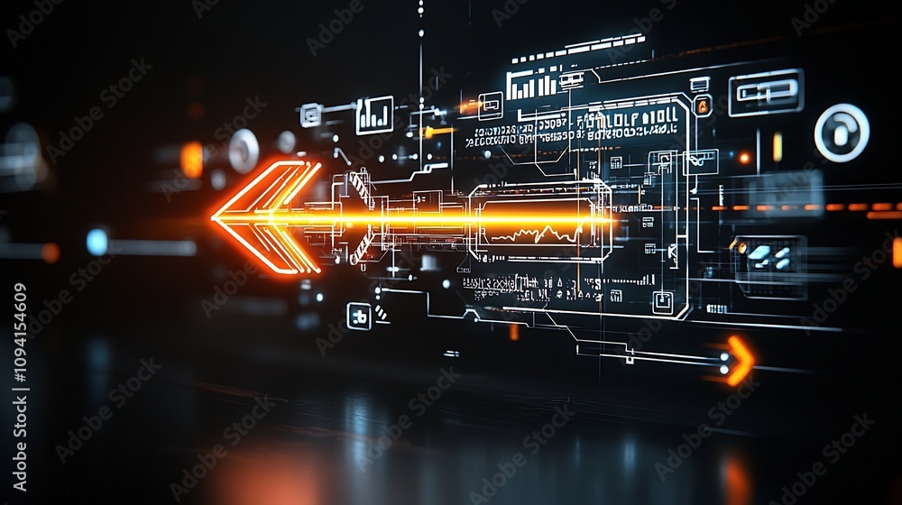 Leinwandbilder Glowing beam illuminated arrow against a pure black backdrop conveying a sense of futuristic dynamism speed and technological innovation  The vivid luminous glow of the arrow creates a captivating