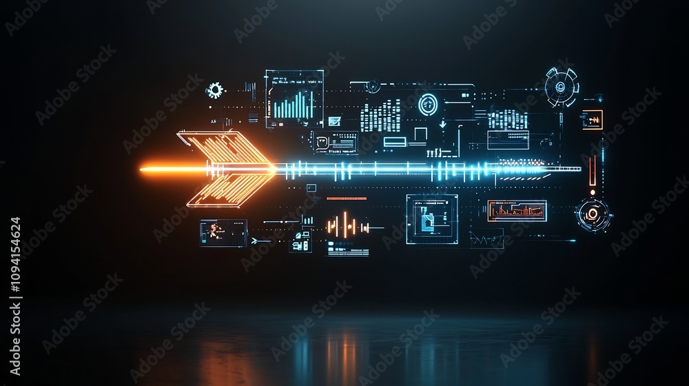 Poster beam illuminated arrow glowing vividly on pure black background with futuristic and fast paced vibe 