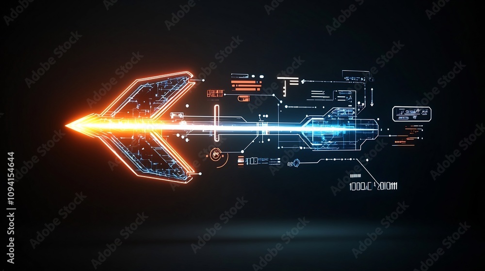 Poster Mesmerizing glowing arrow beam illuminated against a pure black backdrop creating a futuristic and fast paced visual effect that conveys a sense of technological advancement progress
