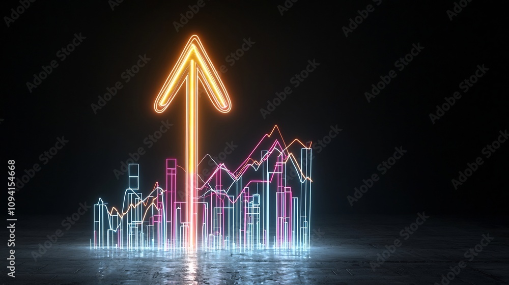 Poster Radiant light arrow pointing dynamically upward glowing with bright vibrant colors and symbolizing velocity and energy against a dark digital background
