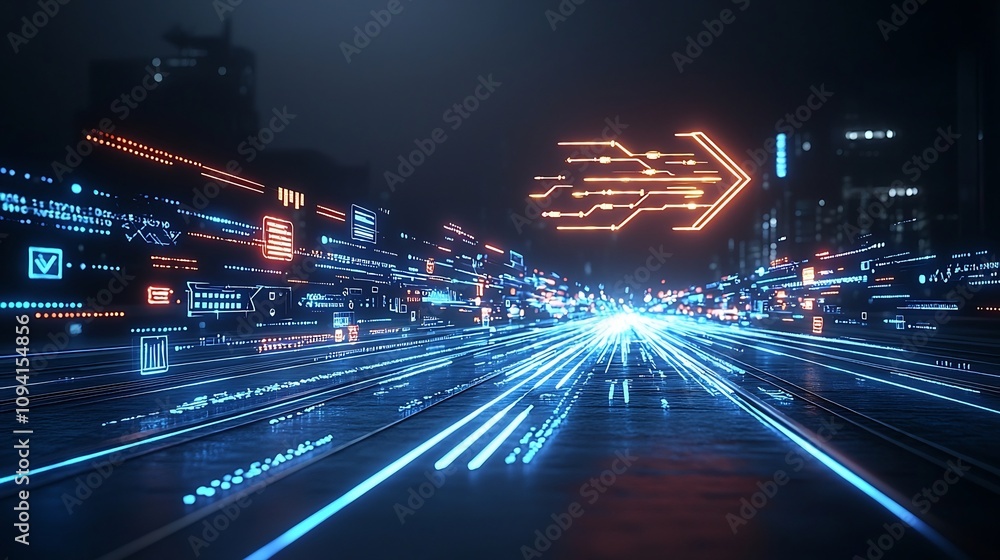 Poster vibrant glowing arrow shape formed by beams of light radiating a sense of power against a dark ether