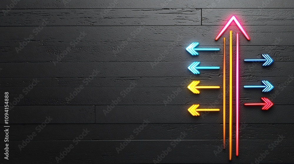 Poster Powerful dynamic upward arrow with vibrant luminous streaks of light glowing intensely against a sleek dark canvas conveying a sense of energy motion and forward progress