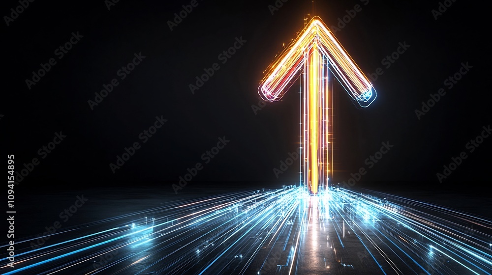 Poster Powerful dynamic upward arrow design with streaks of vibrant glowing light against a sleek sophisticated black canvas background  Representing growth progress