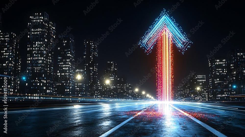 Aufkleber Brightly glowing arrow made of vibrant colorful beams pointing upward and conveying a sense of fast motion and dynamic energy on a deep black background  Futuristic digital design with a bold