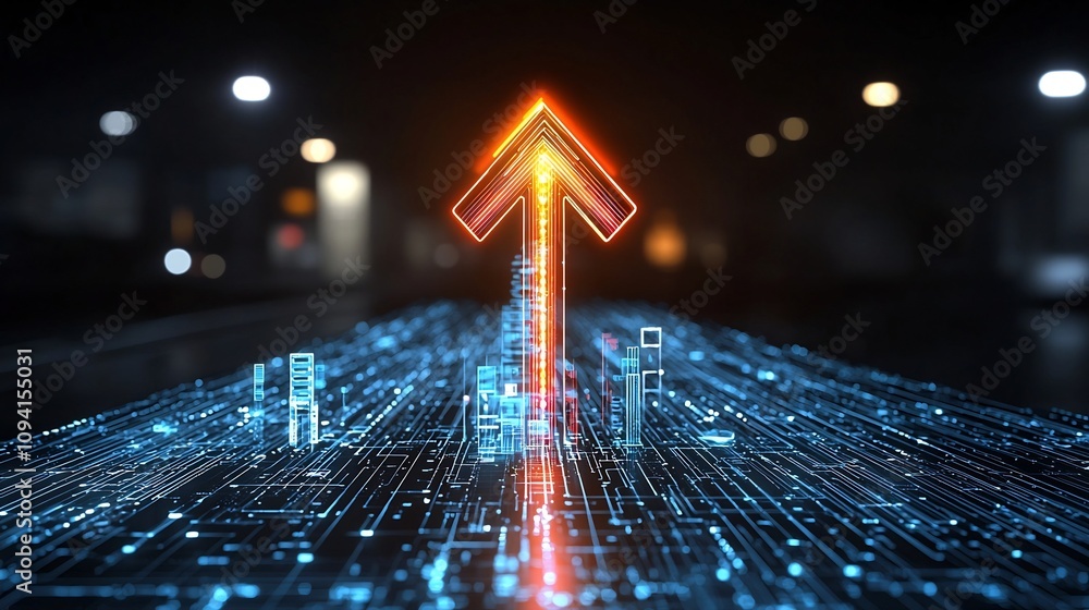 Aufkleber Glowing futuristic upward pointing arrow in radiant colors emanating velocity and energy on a dark background  Dynamic abstract digital concept symbolizing progress innovation