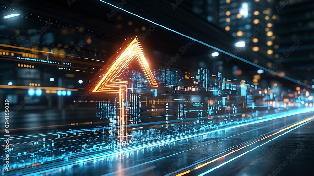 Poster Futuristic and dynamic upward pointing arrow glowing with radiant colors emanating a sense of velocity and energy against a dark background  This digital or graphic design element represents progress