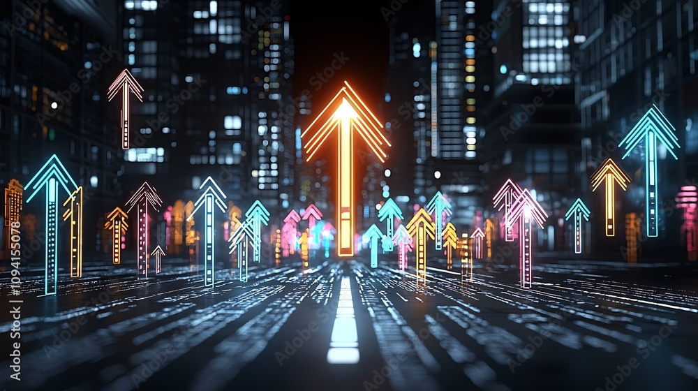 Aufkleber Radiant and glowing futuristic upward pointing arrow symbol emanating a sense of velocity energy and dynamism on a dark gradient background  This digital or design element represents progress