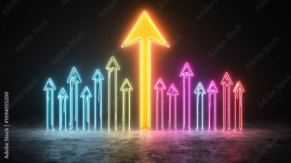 Aufkleber Glowing neon arrow shaped beams of light against a pure black background representing the concepts of growth momentum and technological advancement