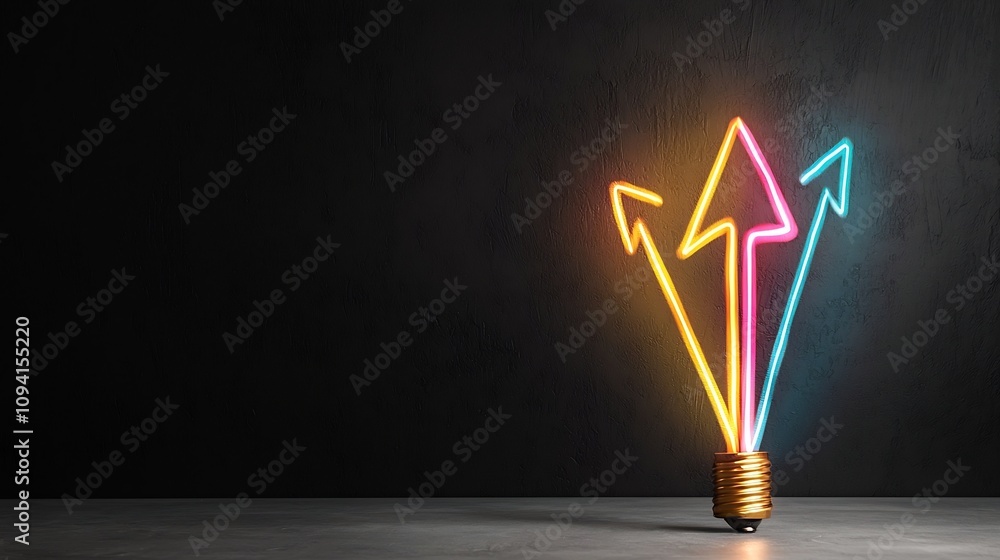 Poster vibrant glowing arrow formed by beams of colorful luminous light rapidly moving upward on a bold dar