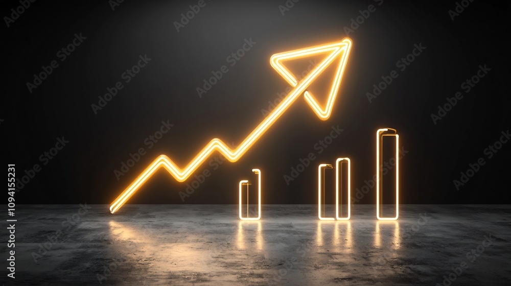Poster Luminous arrow of bright neon beams against a pure black background symbolizing the concepts of growth speed and progress through dynamic futuristic and innovative design