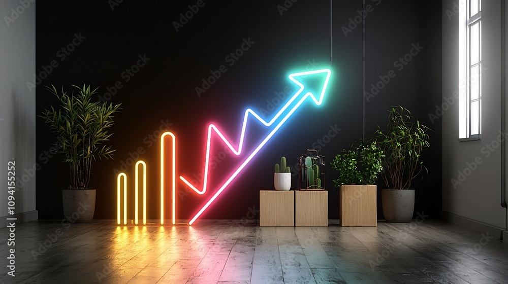 Poster vibrant neon arrow of bright beams on a pure black background symbolizing the concept of growth prog