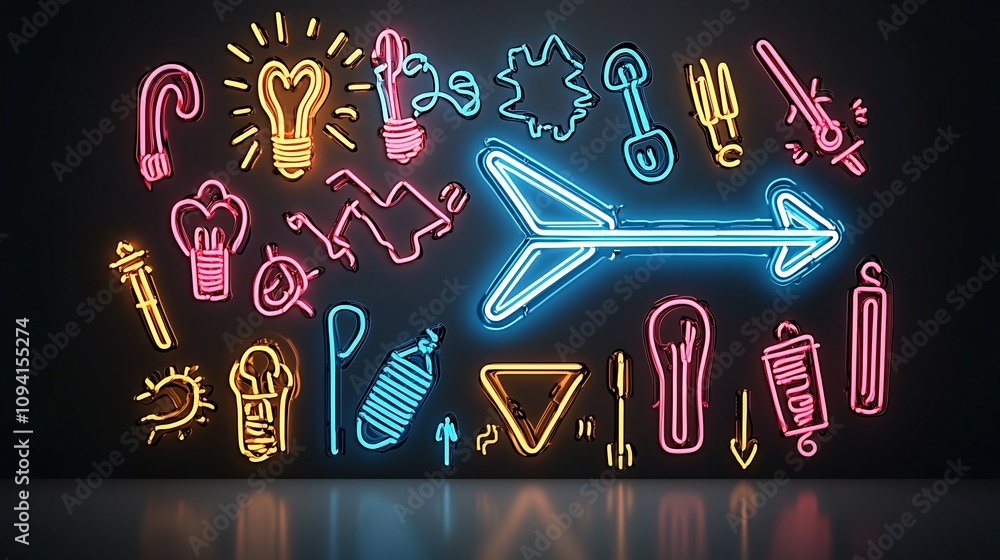 Aufkleber luminous neon arrow of bright beams symbolizing the powerful momentum and ongoing growth of innovati