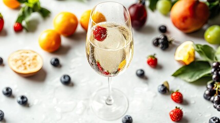 Elegant glass of sparkling beverage on table.