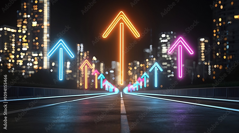 Poster Glowing vibrant upward arrow in motion against a dark background creating a dramatic dynamic and energetic visual effect that symbolizes growth progress and forward momentum