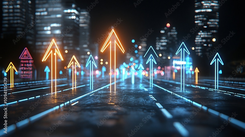 Aufkleber Dynamic and vibrant glowing upward arrow creating a dramatic and futuristic effect against a contrastive black background representing concepts of growth progress and success