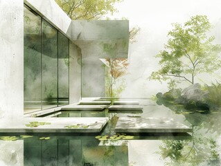 Serene modern architecture set amidst a tranquil nature landscape, featuring large glass panels and concrete overhangs reflected in calm water, surrounded by lush greenery and gentle mist.