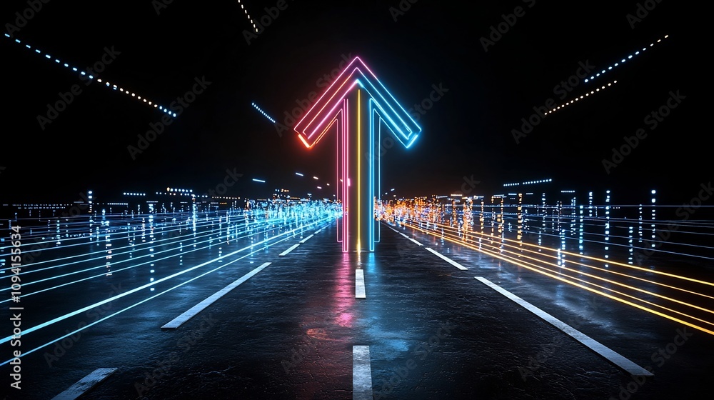Poster Vivid and dynamic image of a brightly illuminated arrow like formation of colorful beams and rays surging upwards with intense speed energy and momentum against a sleek black background