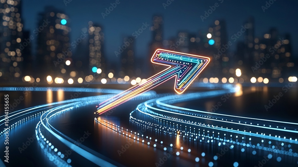 Poster Striking image of brightly illuminated colorful beams of light moving upward with speed and intensity against a sleek black background creating a dynamic and futuristic visual effect
