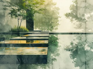 Tranquil architectural design blending harmoniously with nature, featuring mirrored surfaces and lush greenery, creating a peaceful atmosphere that invites reflection and contemplation.