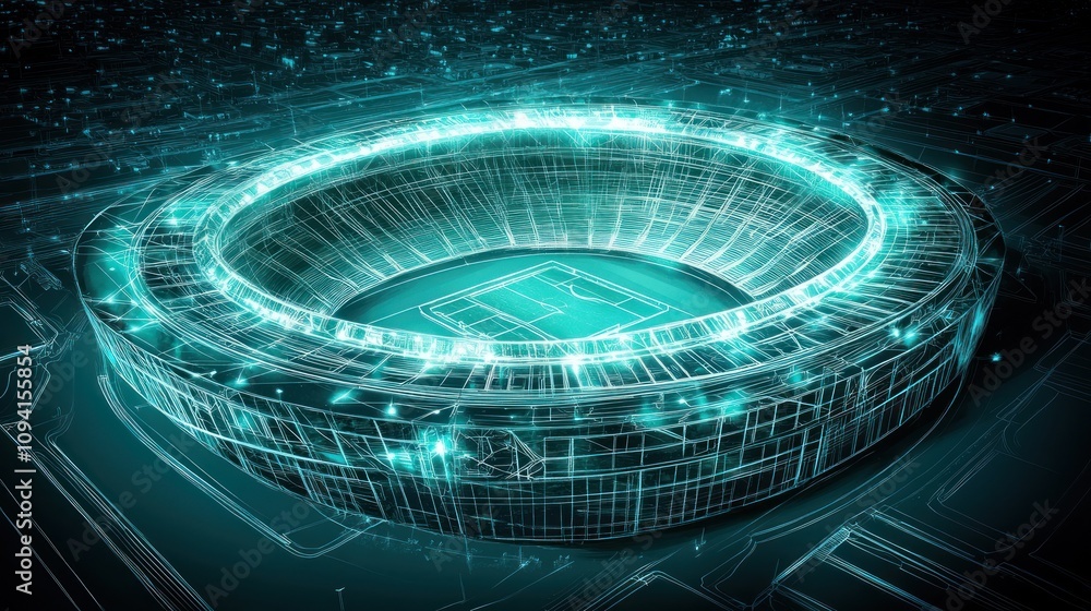 Poster a futuristic digital rendering of a stadium with glowing elements and a tech-inspired design.