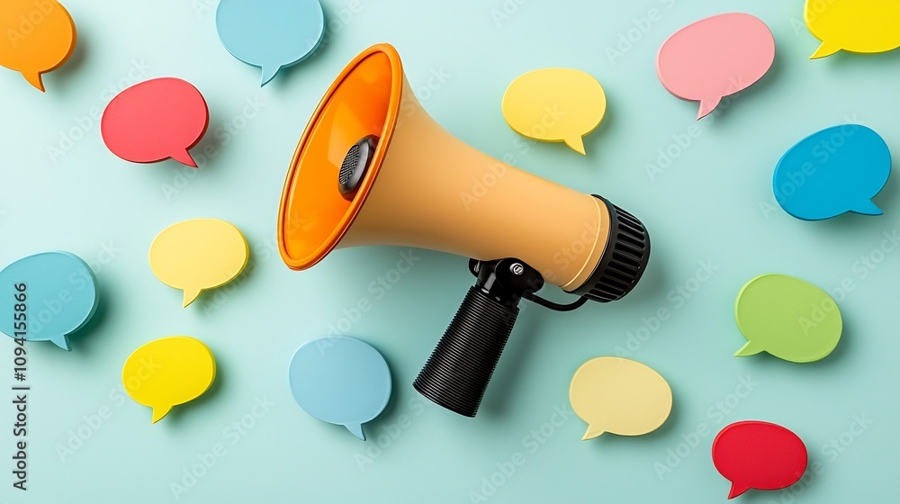 Poster vibrant megaphone surrounded by floating speech bubbles in vivid hues symbolizing modern advertising