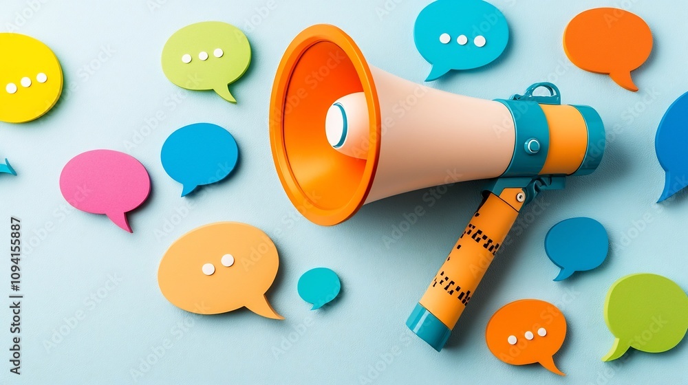 Aufkleber Vivid megaphone surrounded by a array of floating speech bubbles in striking hues representing the concept of modern advertising digital messaging and effective communication in a manner