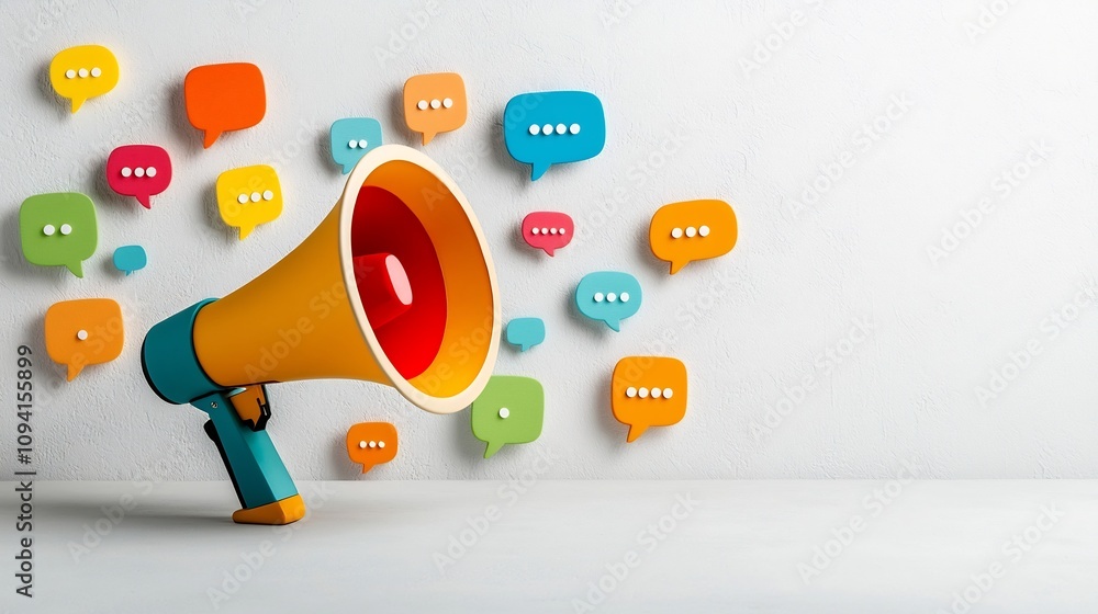 Aufkleber vibrant megaphone surrounded by floating speech bubbles in vivid hues symbolizing the power of moder