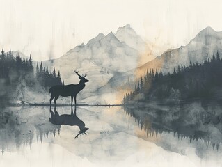 Majestic watercolor illustration of a deer standing gracefully at the edge of a tranquil lake, surrounded by towering mountains and dense forest, with soft reflections enhancing the serene atmosphere.
