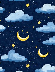 seamless patternblue sky background with stars, crescent moon and clouds. for children's bedroom wall decoration.