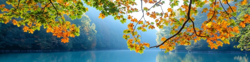 2409_016 A tranquil natural scene with clean space above, overlooking a serene setting featuring autumn woodland, with an open space nestled amidst vibrant foliage, set against a crystal-clear lake